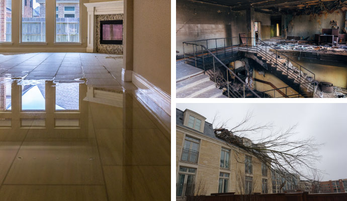 Collage of water, fire and storm damaged house