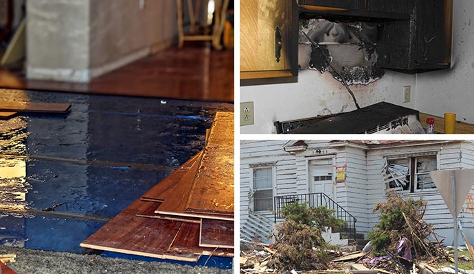 Collage of water, fire and storm damaged property Collage of water, fire and storm damaged property