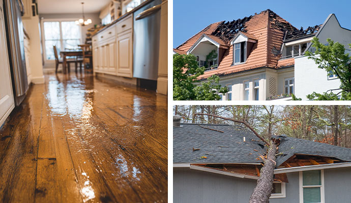 Collage of water, fire and storm damaged residential property