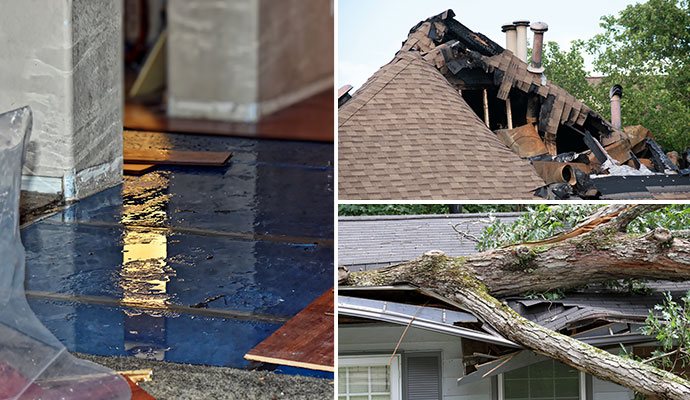 Collage of water, fire, and storm damage