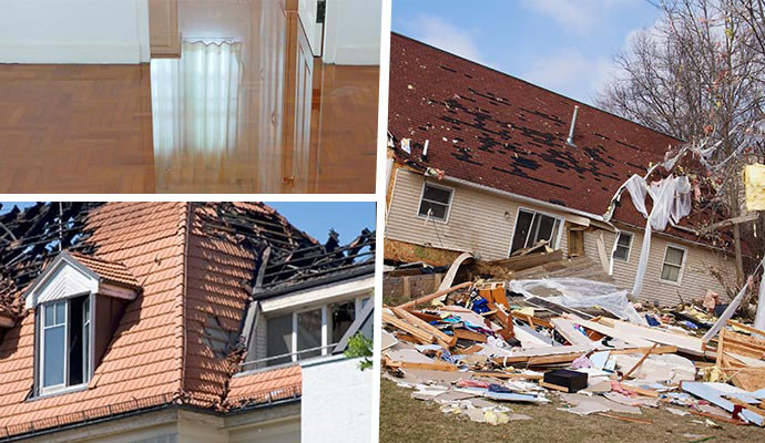 Collage of water, fire and storm damaged property
