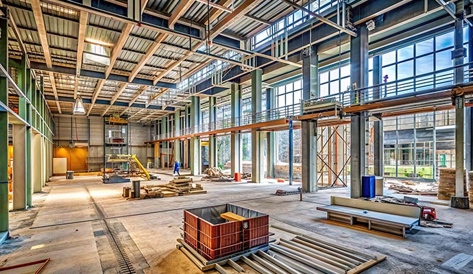 Large commercial building interior undergoing renovation