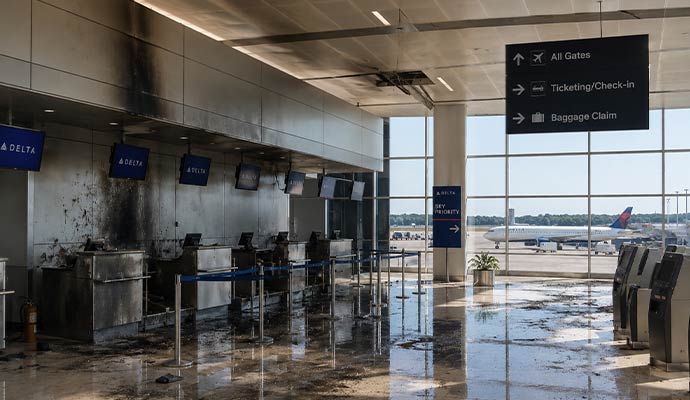 Fire damaged airport terminal