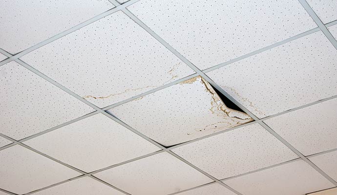 Water damaged ceiling due to roof leak