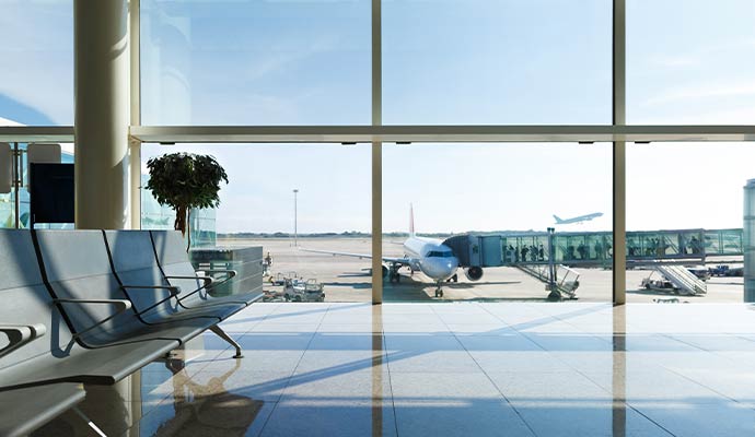 Clean empty departure lounge inside an airport terminal