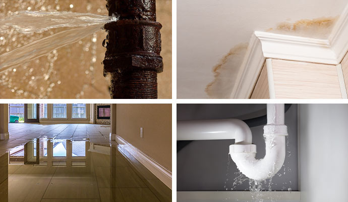 Collage of broken rusty pipe, stained ceiling, water damaged floor and leaking pipe