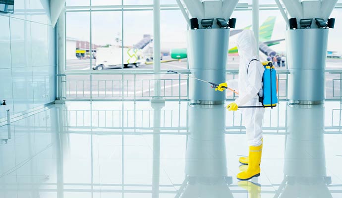 Deep cleaning and disinfection inside an airport terminal