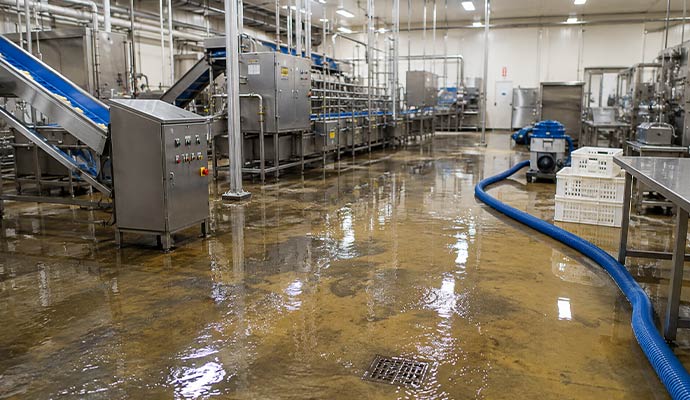 Flood damaged interior of a food production facility