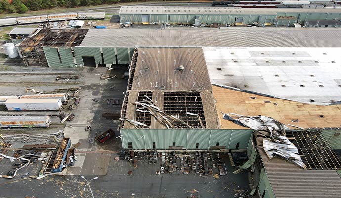 Wind damaged roof in a commercial space