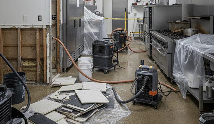 Commercial kitchen undergoing water damage restoration with drying equipment debris removal and cleanup work