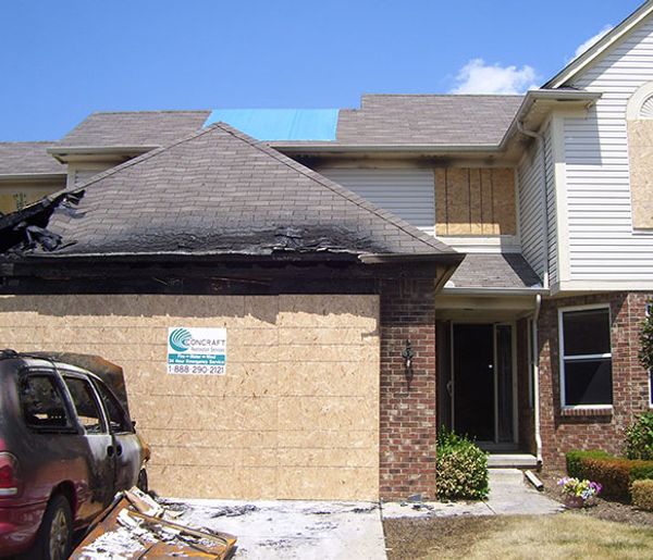A house that has suffered significant fire damage.