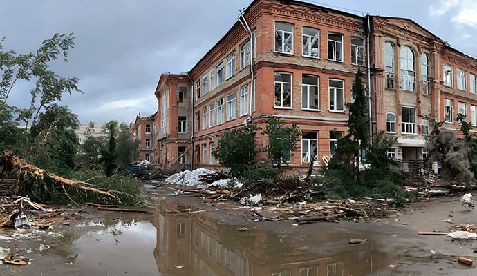 Damaged brick building exterior