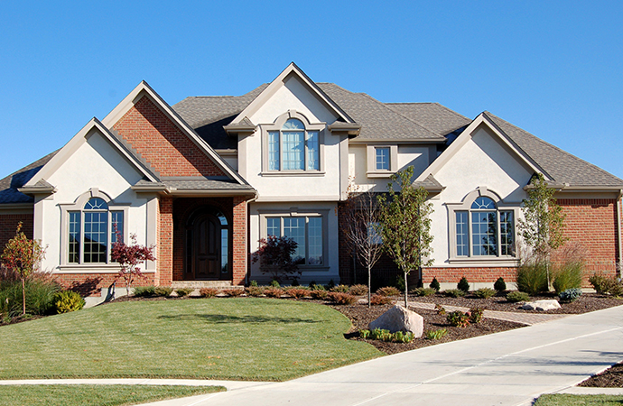 Front view of a disaster damage restored modern house