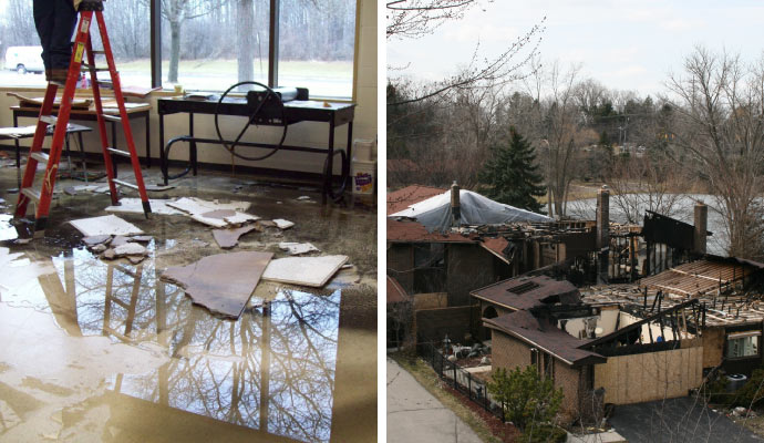 collage of water and fire damaged property