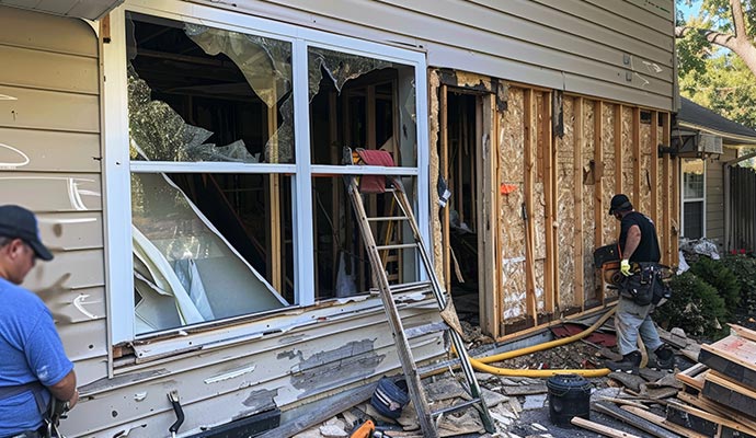 Workers cleaning debris from a damaged property exterior