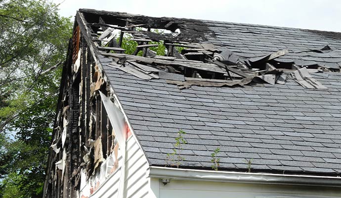 Severe fire damage to a residential house roof