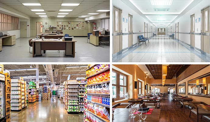 Collage of clean office hospital retail store and restaurants