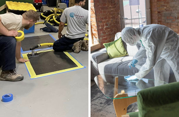 collage of commercial restoration and biohazard cleanup