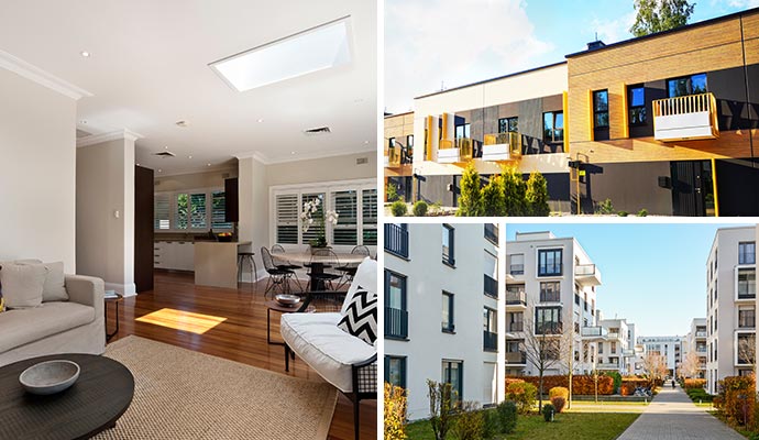 Collage of a modern living room interior and two exterior views of contemporary apartment buildings