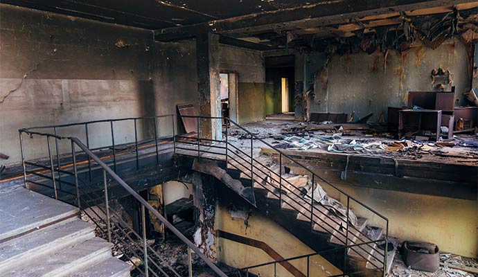 Structurally damaged building interior due to fire