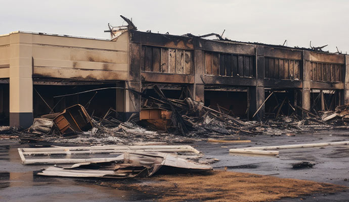 Severely fire damaged commercial building with collapsed structure debris and extensive exterior destruction