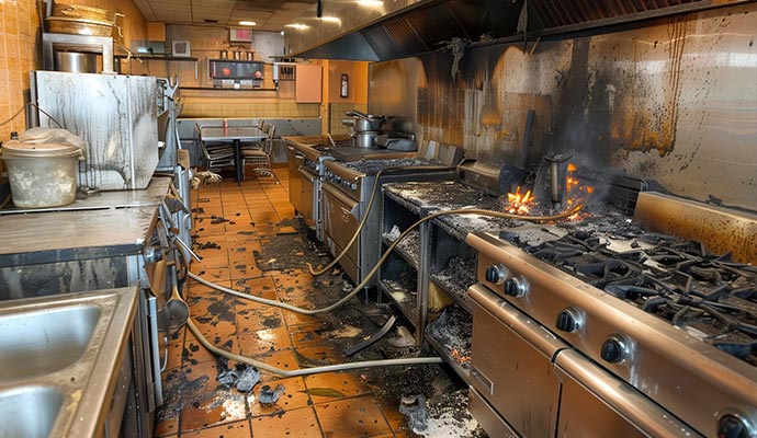 Commercial kitchen with severe fire damage
