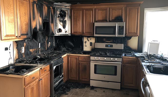 Kitchen interior heavily damaged by fire