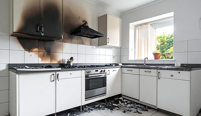 Kitchen with fire damage smoke stains, burned cabinets and debris around stove and cooking area