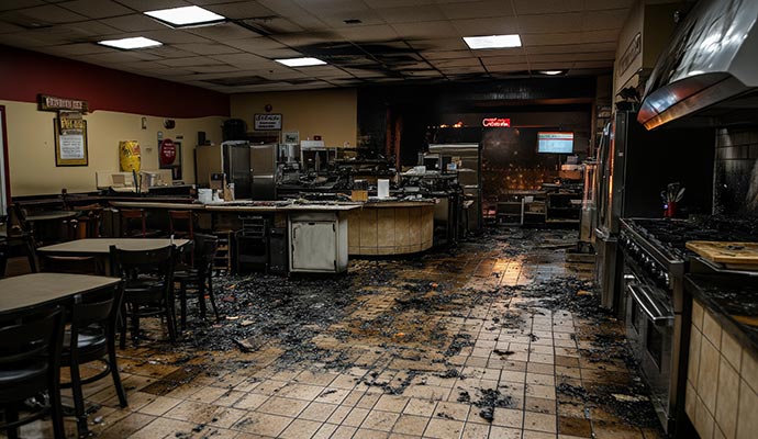 Restaurant interior with severe fire damage, burned flooring soot and destroyed kitchen and dining areas
