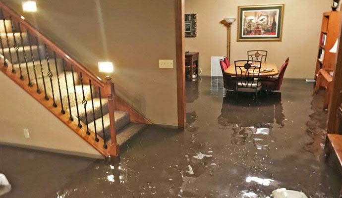Flood water inundation inside a residential home interior