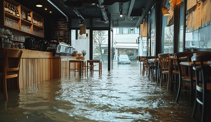 Restaurant interior flooded with standing water after severe storm and flood damage incident