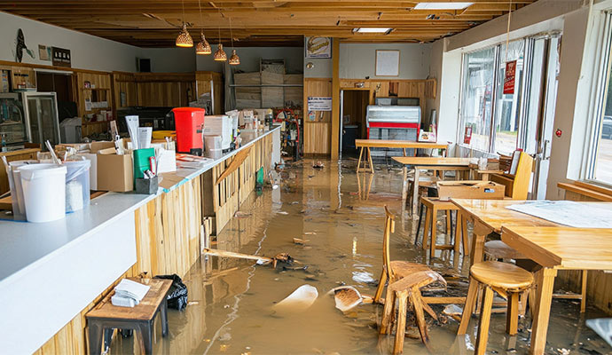 Restaurant interior flooded with muddy water debris and damage affecting dining and service areas