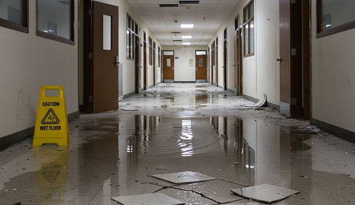 Flooded school hallway