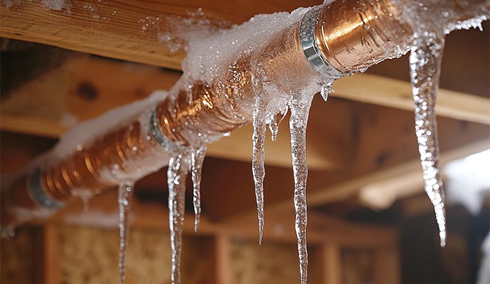 Frozen water pipe covered in icicles