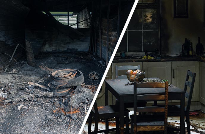 Extensive fire damage in a garage and kitchen area.