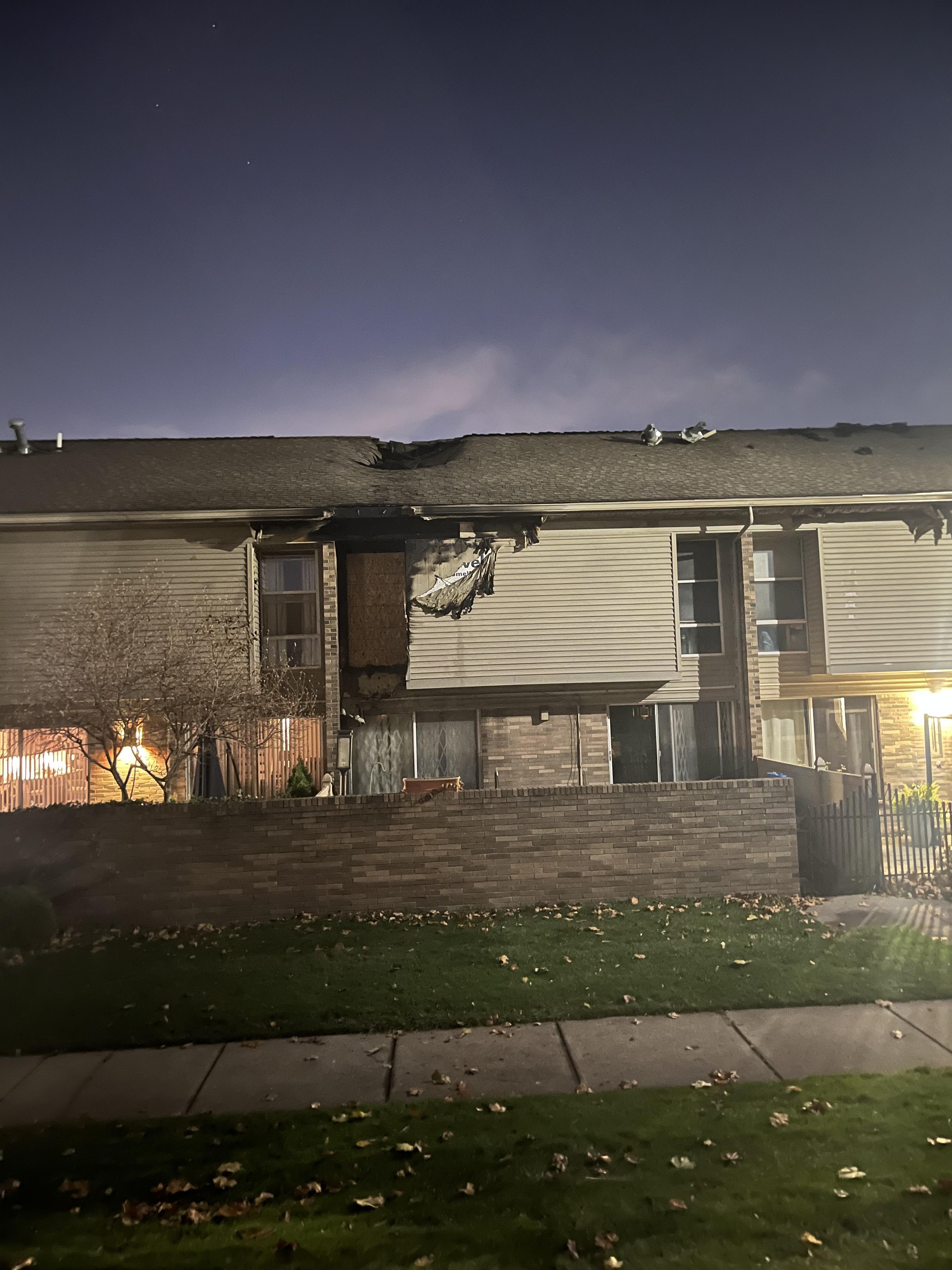 Front of fire damaged building