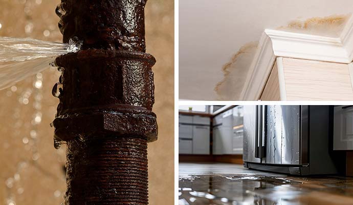 Collage of a leaking pipe, a water-stained ceiling, and a leaking appliance flooding a floor