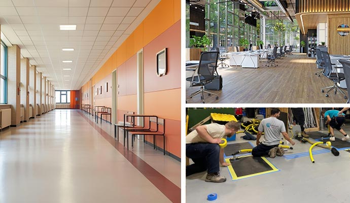 Collage of school, office building and commercial restoration