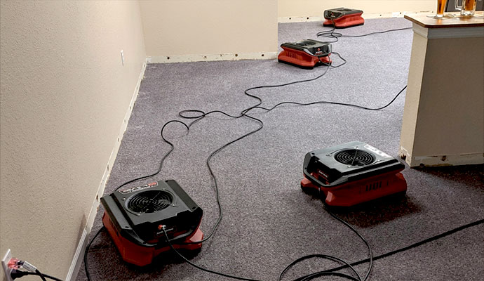Commercial air movers drying carpet floor