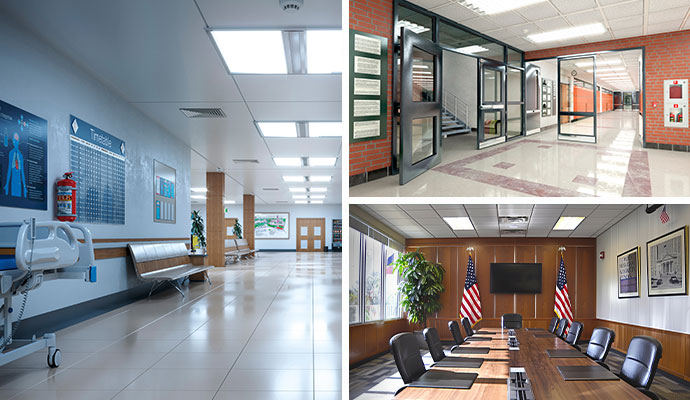 Commercial interiors including hospital, school and boardroom
