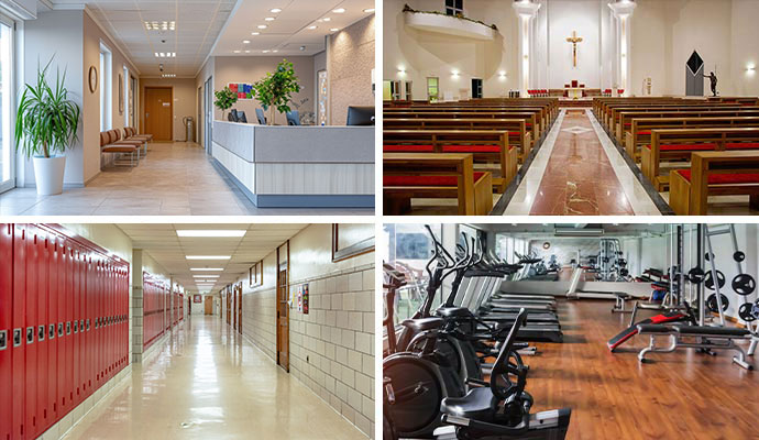 Commercial interiors including office, church, school and fitness center