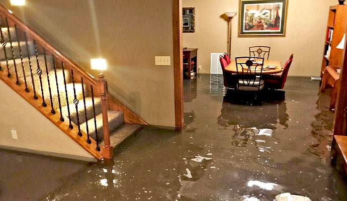 Flooded residential living room with standing water