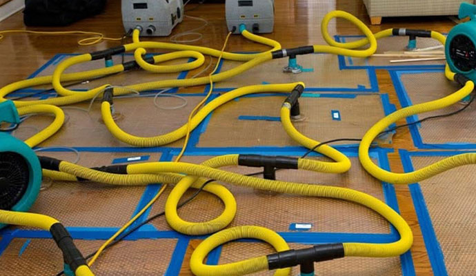 Floor drying mat system with yellow hoses on wood floor