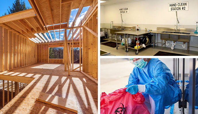 Reconstruction framing, content cleaning station and biohazard cleanup