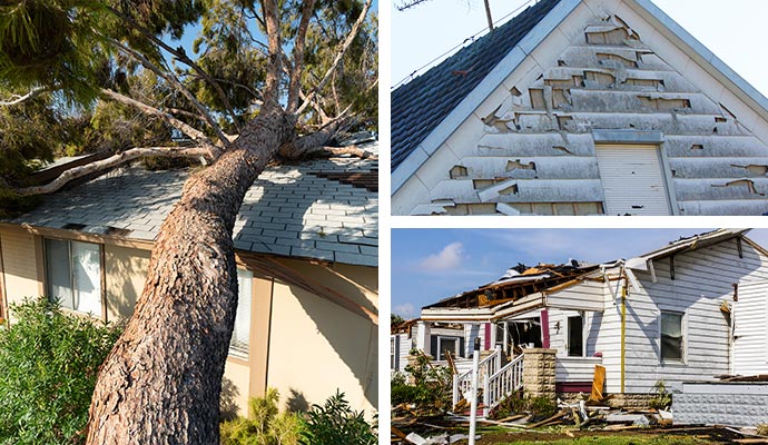 Residential homes damaged by fallen, tree, hail and storm