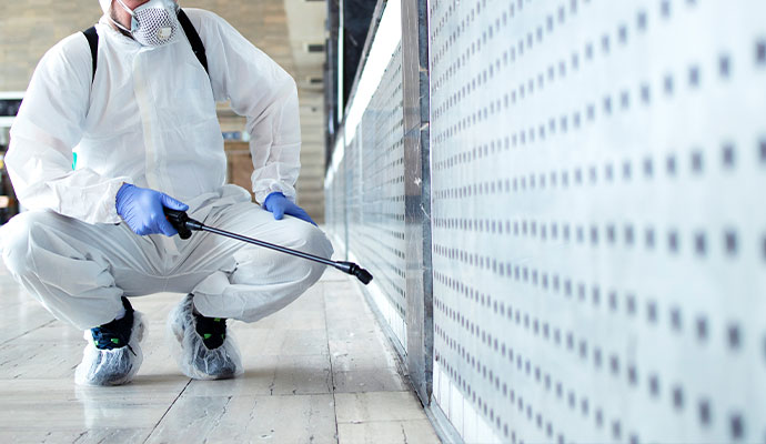 Specialist in protective suit spraying disinfectant on interior surface