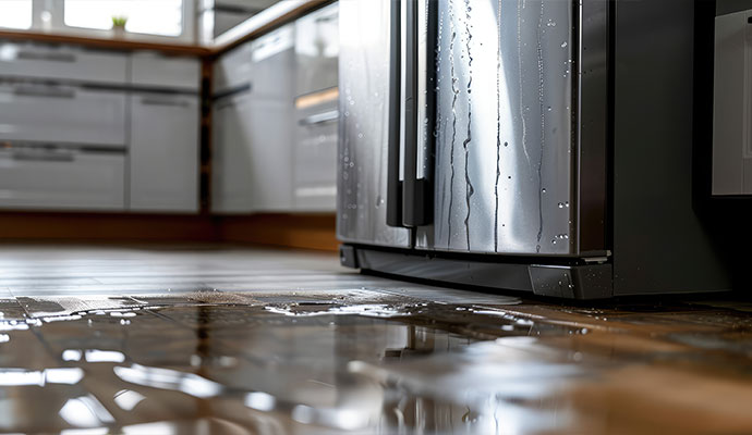 Water leaking from refrigerator onto kitchen floor