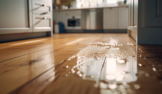 Water overflow puddle on kitchen wood floor