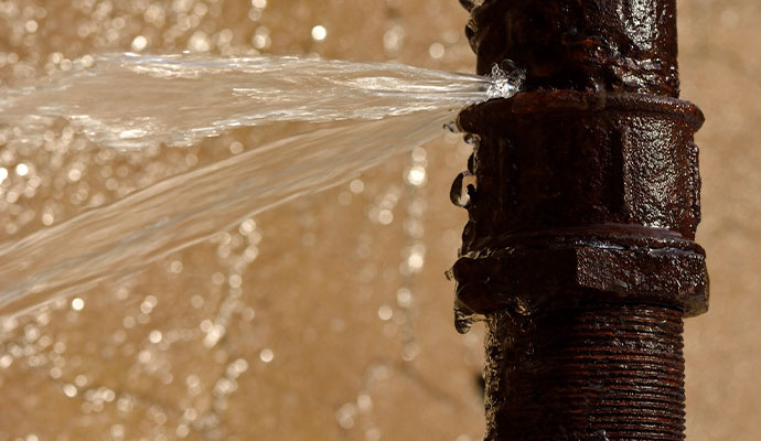 Water spraying from burst metal pipe
