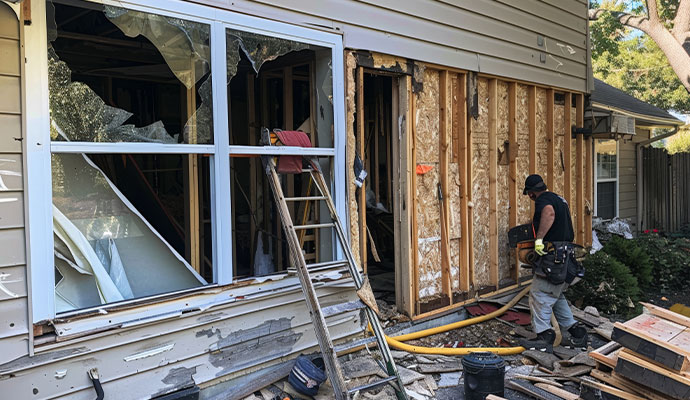 Worker reconstructing damaged residential wall and window